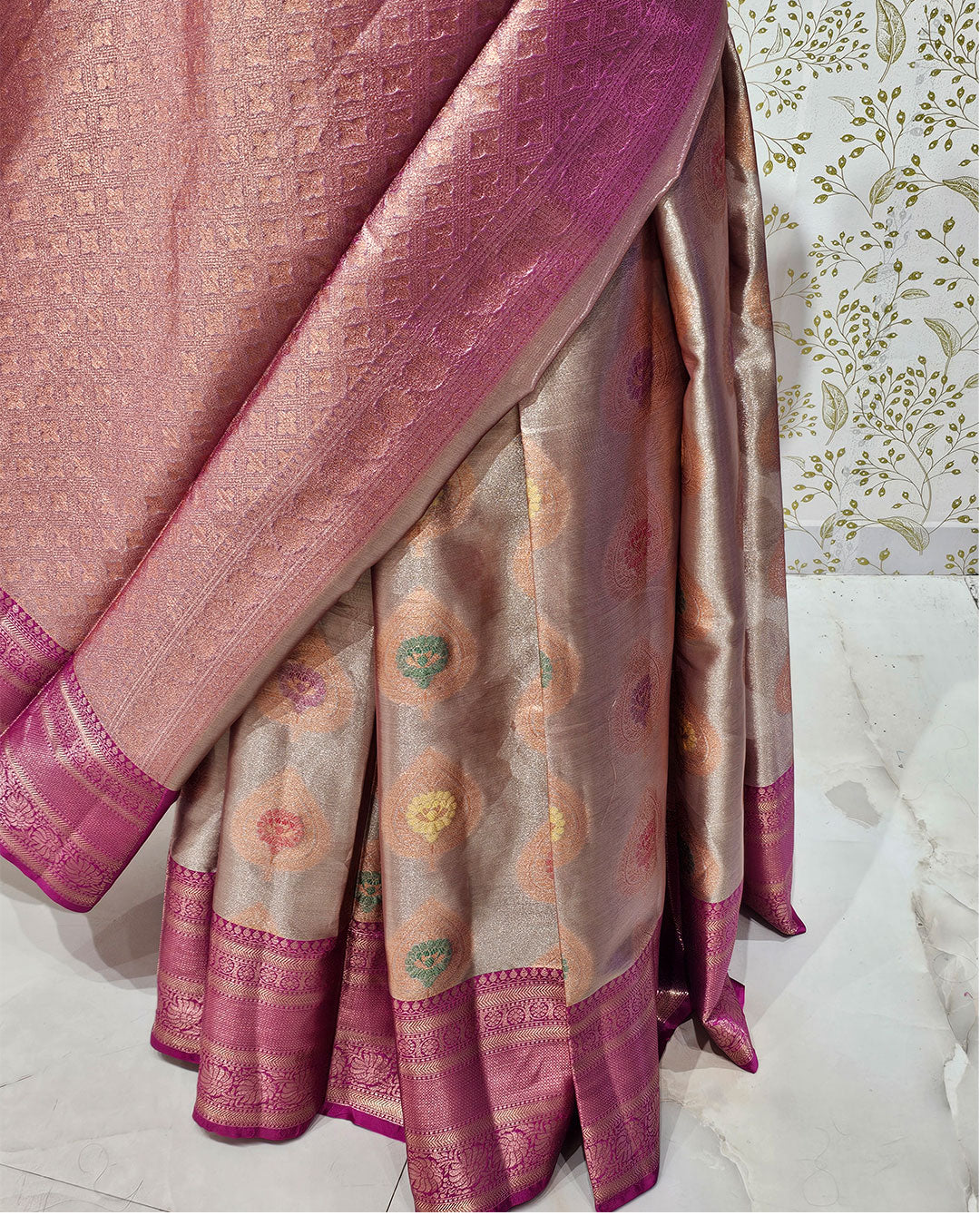 Tissue Kanjivaram Saree Meenakari Butti with Rudraksh Border & Brocade Pallu