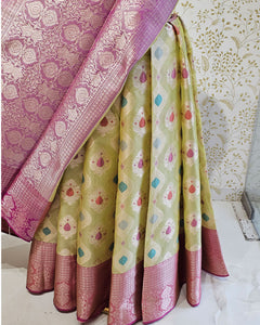 Tissue Kanjivaram Saree  Meenakari Butti with Rudraksh Designer Border & Zari Brocade Pallu