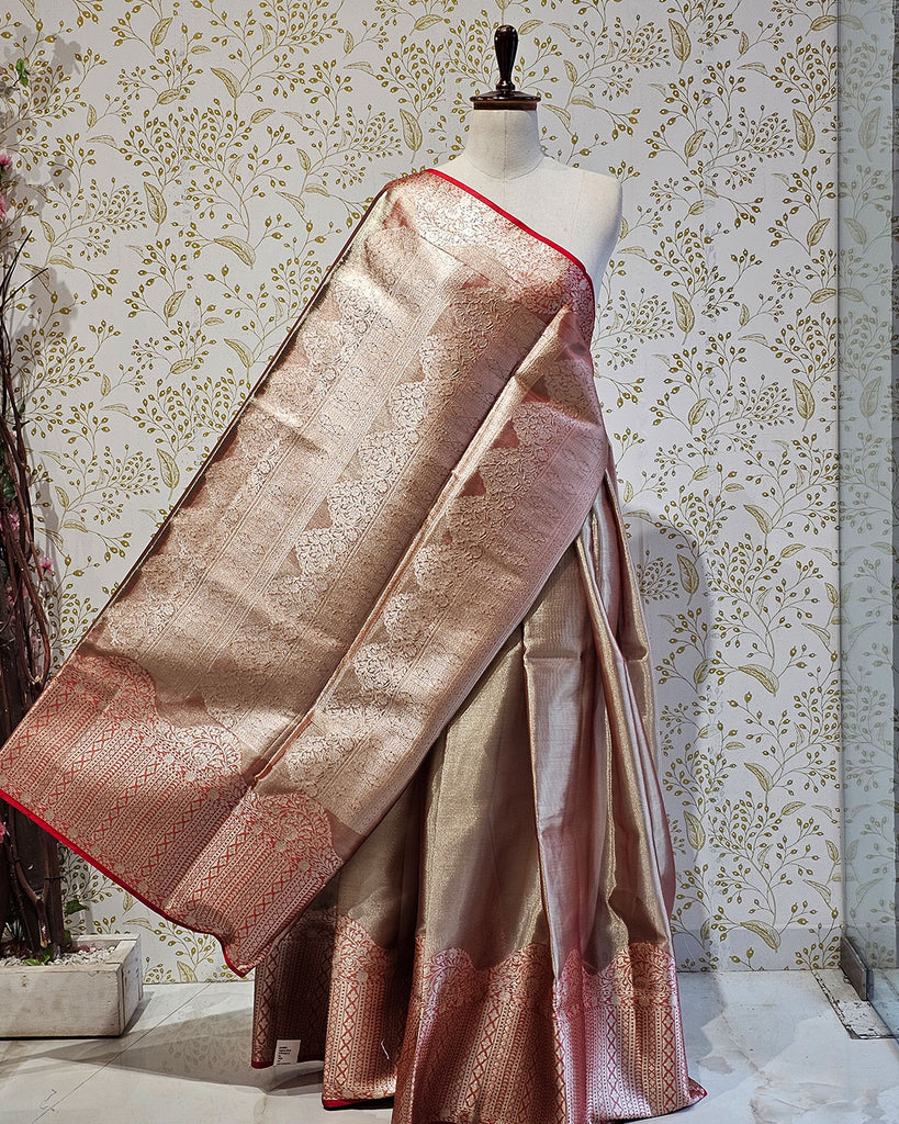 Tissue Kanjivaram Saree  Plain Tissue with Turning Border & Zari Brocade Pallu
