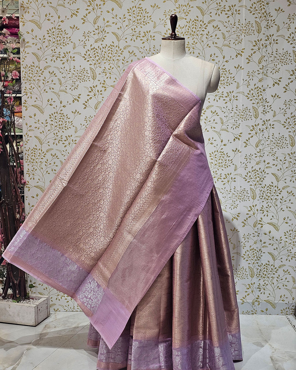 Tissue Kanjivaram Saree Light Gold Brocade with Silver Zari Floral Border & Brocade Pallu