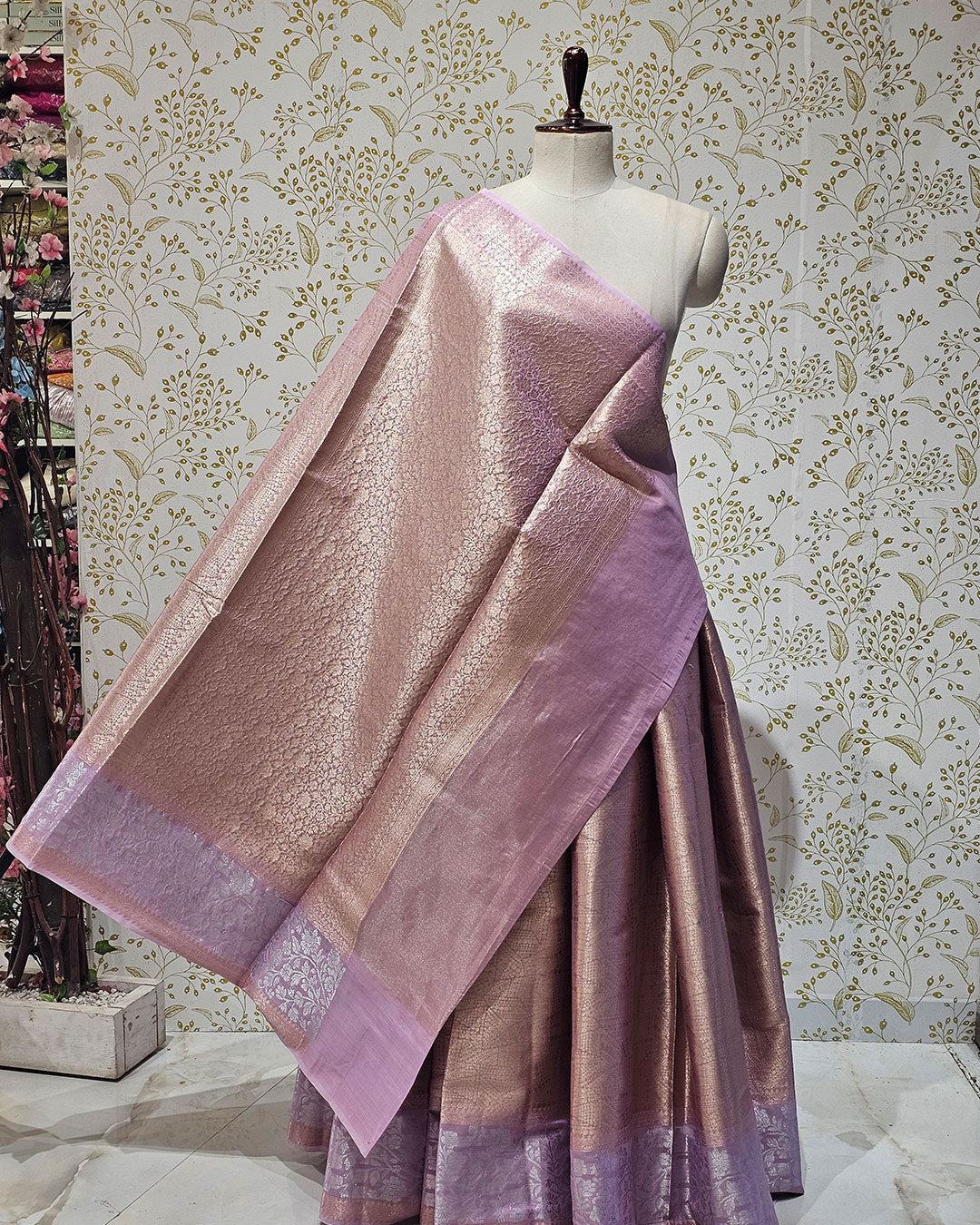 Tissue Kanjivaram Saree Light Gold Brocade with Silver Zari Floral Border & Brocade Pallu