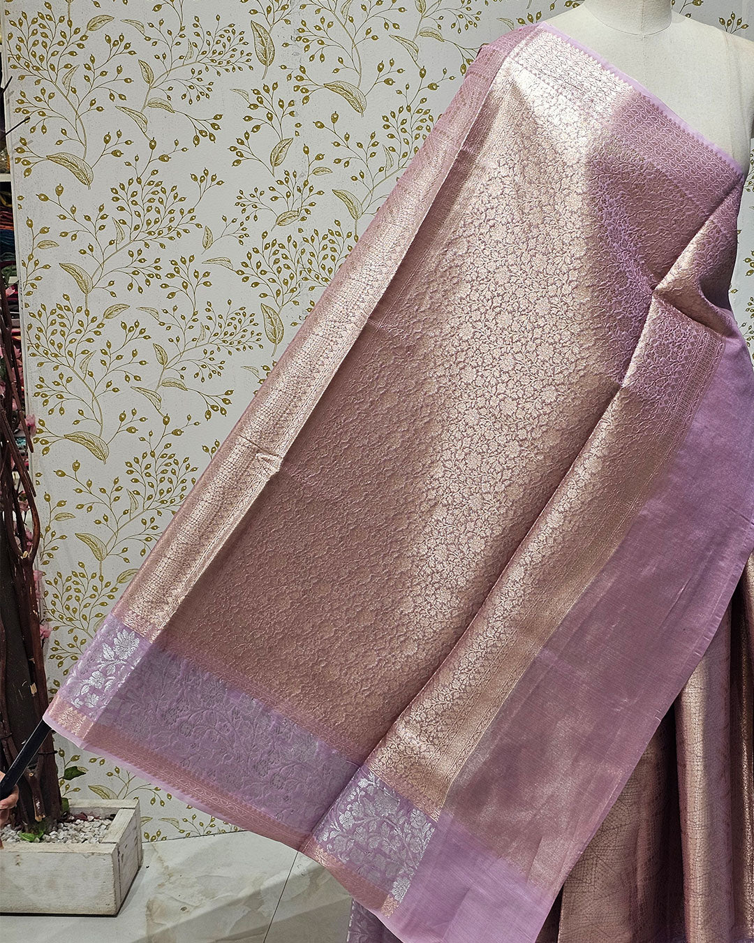 Tissue Kanjivaram Saree Light Gold Brocade with Silver Zari Floral Border & Brocade Pallu