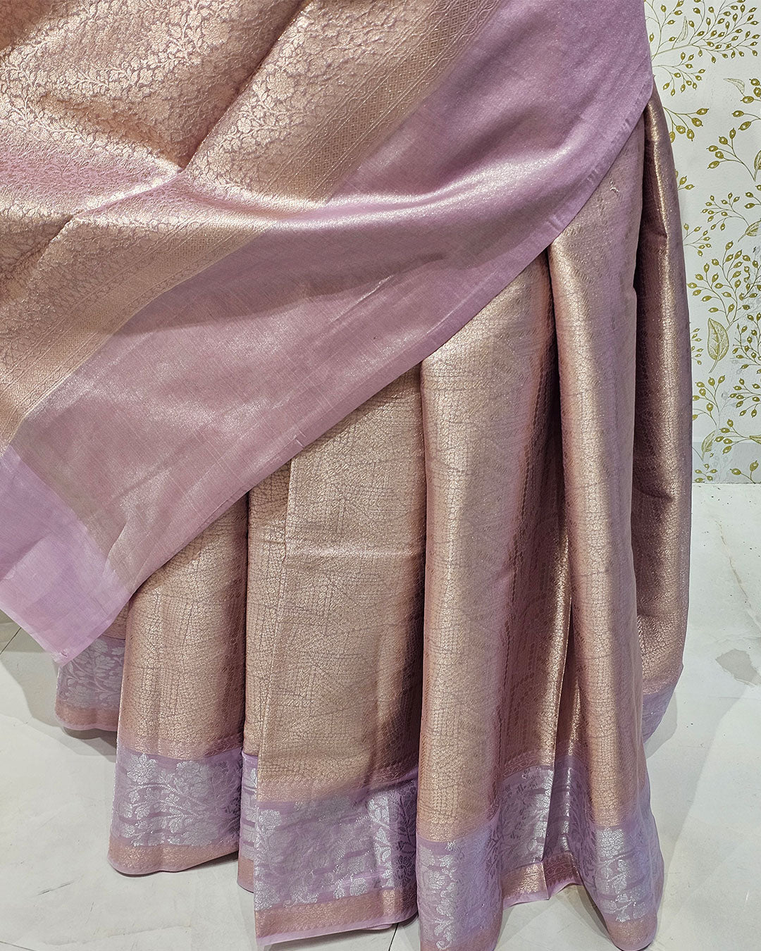 Tissue Kanjivaram Saree Light Gold Brocade with Silver Zari Floral Border & Brocade Pallu
