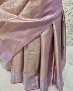 Tissue Kanjivaram Saree Light Gold Brocade with Silver Zari Floral Border & Brocade Pallu