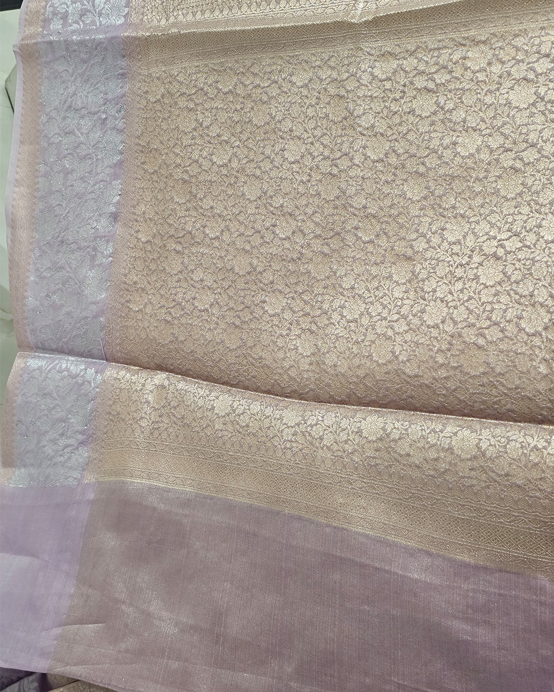 Tissue Kanjivaram Saree Light Gold Brocade with Silver Zari Floral Border & Brocade Pallu