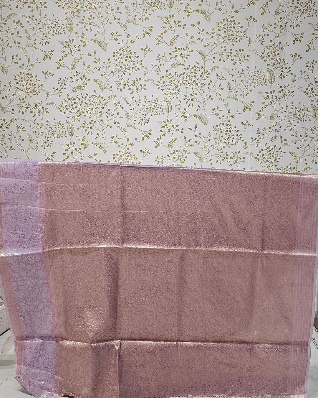 Tissue Kanjivaram Saree Light Gold Brocade with Silver Zari Floral Border & Brocade Pallu